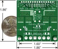 Pololu Dual High-Current Motor Driver Carrier (VNH2SP30 or VNH3SP30) back view with quarter and dimensions.