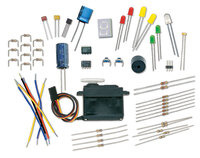 Selection of parts included in the BASIC Stamp Discovery Kit.