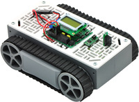 A narrow RP5/Rover 5 expansion plate with an Orangutan SV-328 and a Sharp digital distance sensor.