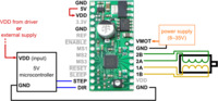 Minimal wiring diagram for wiring a 5V microcontroller to an A4983/A4988 stepper motor driver carrier with voltage regulators (full-step mode).