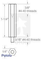 Mechanical drawing of aluminum standoff 1.25″ × 0.25″ 4-40 M-F.