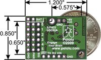 Micro Maestro 6-channel USB servo controller bottom view with quarter for size reference.