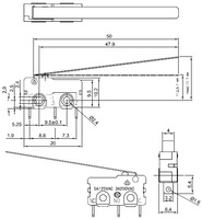 Dimensions (in mm) of snap-action switch with 50mm lever: 3-pin, SPDT, 5A.