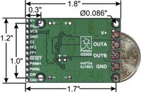 Pololu high-power motor driver CS dimensions with quarter for size reference.
