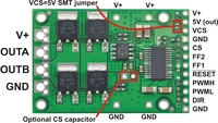 Pololu high-power motor driver CS, labeled top view.