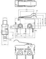 Dimensions (in mm) of snap-action switch with 15.6mm bump lever: 3-pin, SPDT, 5A.