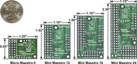 Bottom view with dimensions (in inches) of Pololu Micro and Mini Maestro servo controllers.