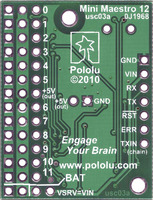 Bottom view of Mini Maestro 12-channel USB servo controller.