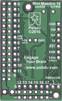 Bottom view of Mini Maestro 18-channel USB servo controller.