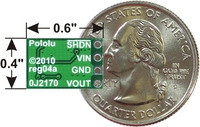 Pololu step-down voltage regulator D24VxAxx, bottom view with dimensions.