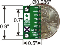 MMA7361L 3-axis accelerometer with voltage regulator, bottom view with dimensions.