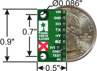 MMA7341L 3-axis accelerometer with voltage regulator, bottom view with dimensions.