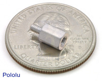 Aluminum standoff 0.25" 2-56 M-F with U.S. quarter for size reference.