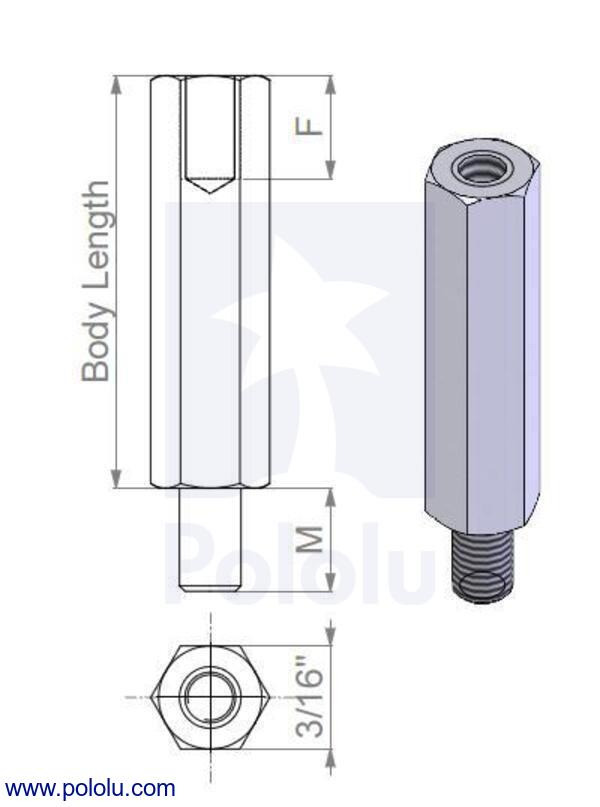 Pololu Mechanical drawing of malefemale standoff.