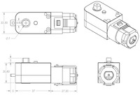 Dimensions (in mm) of the 120:1 and 200:1 plastic gearmotors with 90-degree outputs.