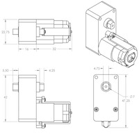 Dimensions (in mm) of the 120:1 and 228:1 plastic gearmotors with offset outputs.