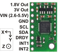 LSM303DLH/LSM303DLM 3D compass and accelerometer carrier with voltage regulators, labeled top view.
