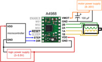 Minimal wiring diagram for connecting a microcontroller to an A4988 stepper motor driver carrier (full-step mode).