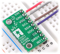 L3G4200D/L3GD20 3-axis gyro carrier with voltage regulator in a breadboard.