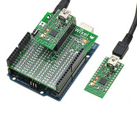 Wixel shield for Arduino powered through its power jack, communicating wirelessly with another Wixel.