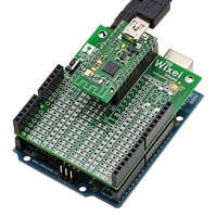 Wixel shield for Arduino powered through its power jack with Wixel’s USB port connected.