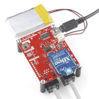 USB Weather Board with XBeee, battery, standoffs, and other weather sensors (not included) connected.