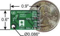 Pololu MinIMU-9 gyro, accelerometer, and compass, bottom view with dimensions.