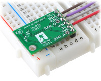 Pololu MinIMU-9 gyro, accelerometer, and compass in a breadboard.