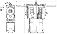 Tamiya 70097 and 89915 twin-motor gearbox dimensions (in mm).