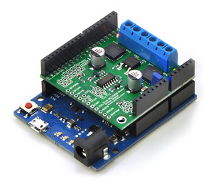 Pololu dual MC33926 motor driver shield, assembled and connected to an Arduino Leonardo.