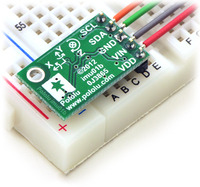 Pololu MinIMU-9 v2 gyro, accelerometer, and compass in a breadboard.