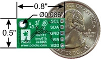 Pololu MinIMU-9 v2 gyro, accelerometer, and compass, bottom view with dimensions.