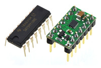 TI SN754410 (16-pin DIP) next to the DRV8835 dual motor driver carrier (14-pin DIP) for size reference.