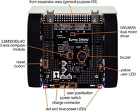 Zumo Shield for Arduino, top view with labeled components.