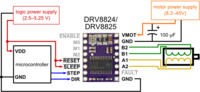 Minimal wiring diagram for connecting a microcontroller to a DRV8824/DRV8825 stepper motor driver carrier (full-step mode).
