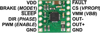 DRV8801 single brushed DC motor driver carrier, labeled top view.
