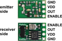 Pololu 38&nbsp;kHz IR proximity sensor receiver and emitter sides with labeled pinout.