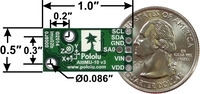 Pololu AltIMU-10 v3 gyro, accelerometer, compass, and altimeter, bottom view with dimensions.