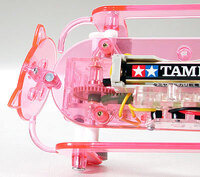Tamiya 71111 Mechanical Pig head top view of head, gearbox, battery, and control switch.