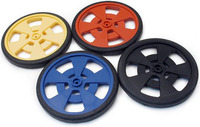 Solarbotics GMPW plastic wheels with molded silicone tires and encoder stripes; all color options shown.
