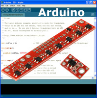 Arduino IDE with Pololu QTR sensors superimposed over it.