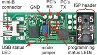 Pololu Orangutan USB Programmer labeled top view