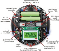 General features of the Pololu 3pi robot, top view.