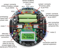 Specific features of the Pololu 3pi robot, top view.