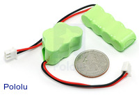 Small 4- and 5-cell 150 mAh NiMH battery packs with quarter for size reference.