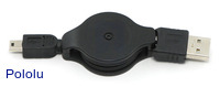 A to mini-B retractable 3-ft. USB cable fully retracted.